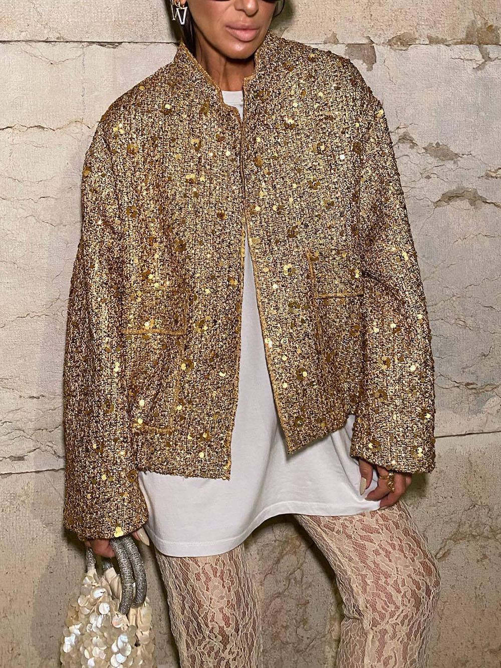 Retro Sequin Zip-Up Long Sleeve Jacket