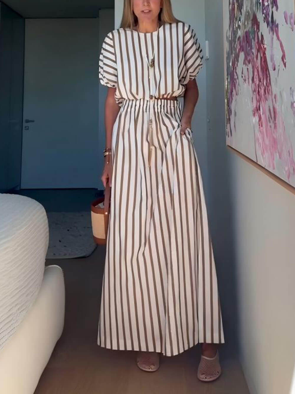 Exquisite Unique Striped Print Elastic Waist Slit Pocket Maxi Skirt