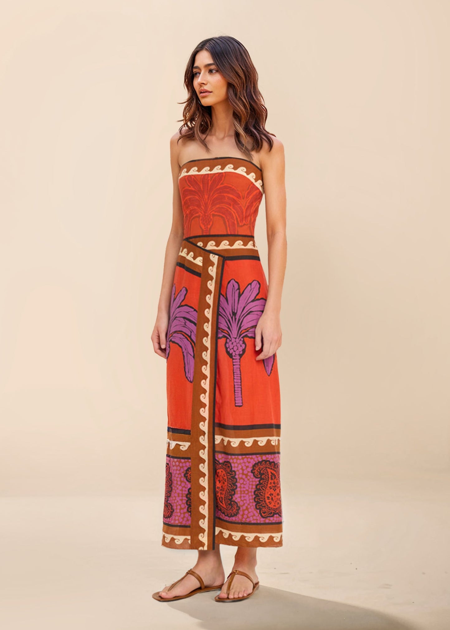 Unieke palmboom bloemen off-shoulder midi-jurk