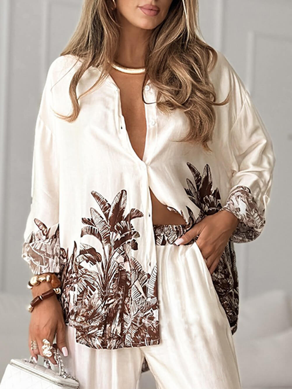Casual Floral Print Elastic-Waist Wide-Leg Pants