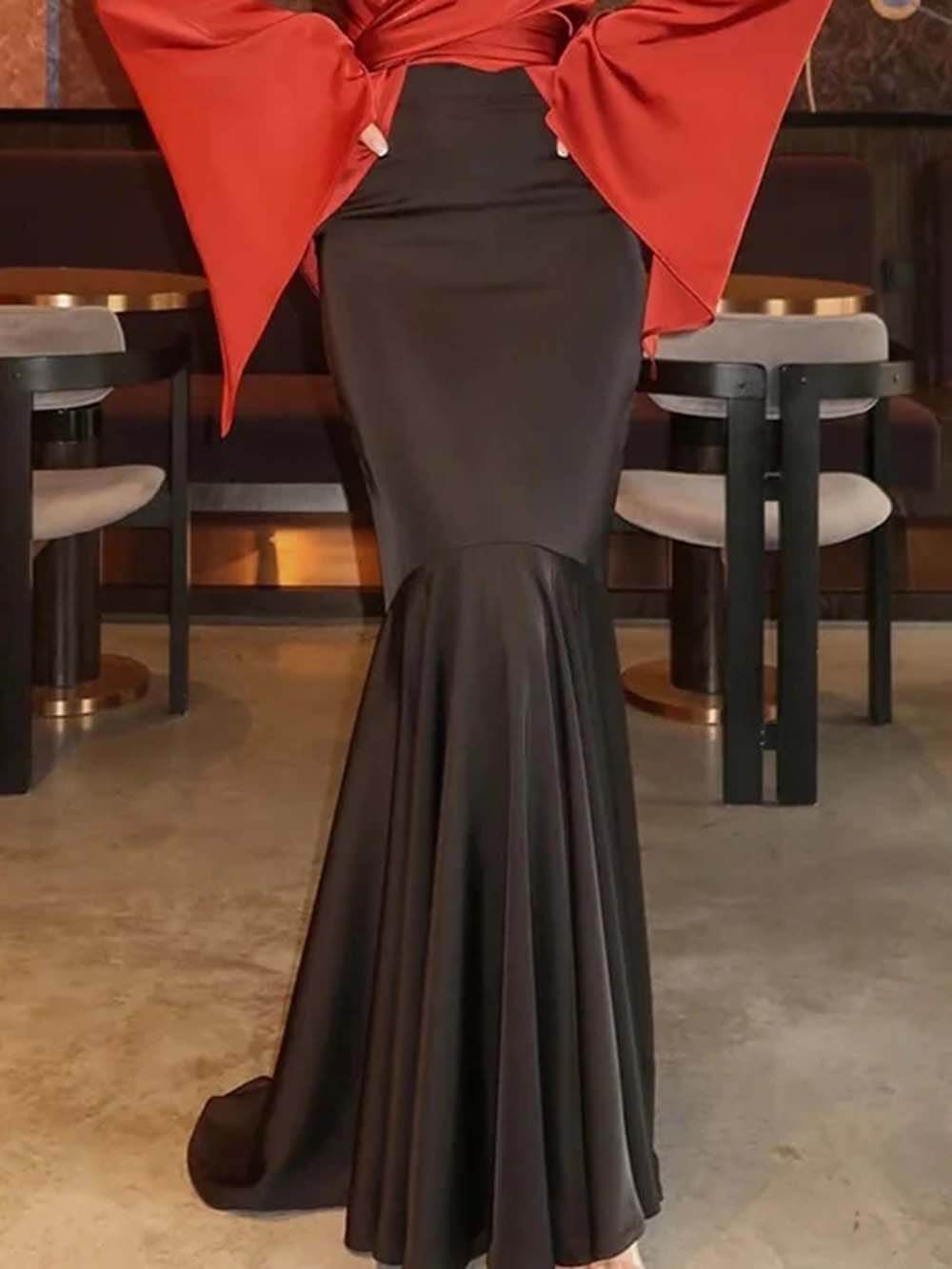 Fashion Satin Button Front Center Cross Straps Long Bell Sleeve Shirt