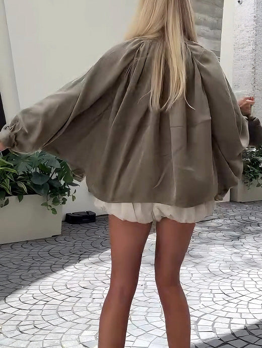 Casual Loose-Fit Olive Green Satin Jacket With Puff Sleeves