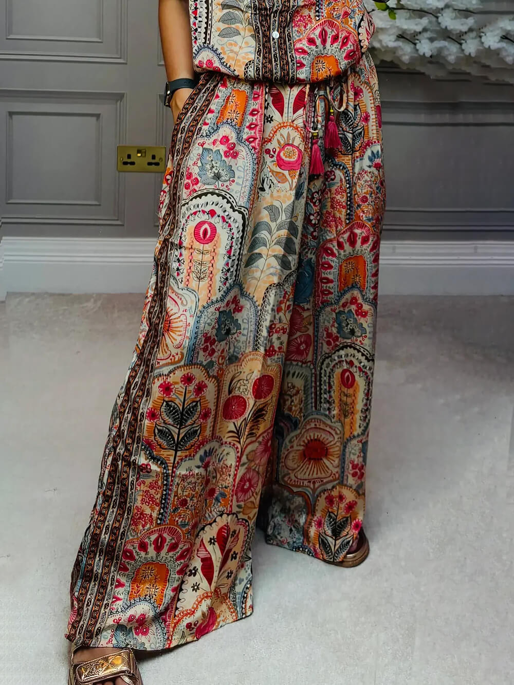 Boho Printed Fringe-Accented Loose Blouse