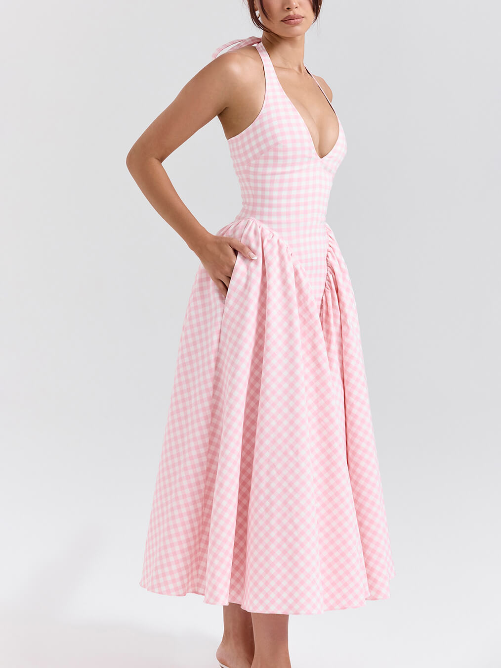 Elegante retro diepe V-hals geruite midi-jurk