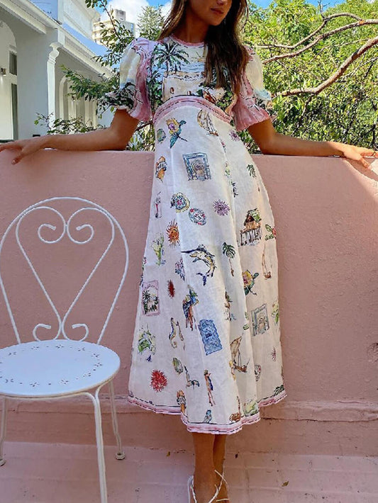 Midi-jurk met ronde hals en print in etnische stijl