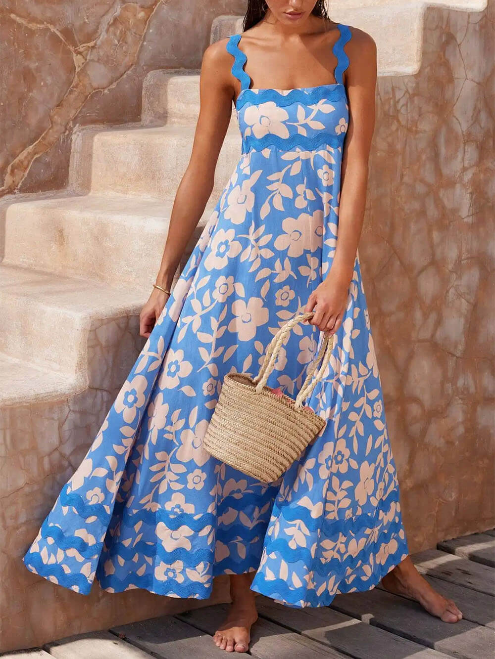 Maxi-jurk met vierkante halsband en print