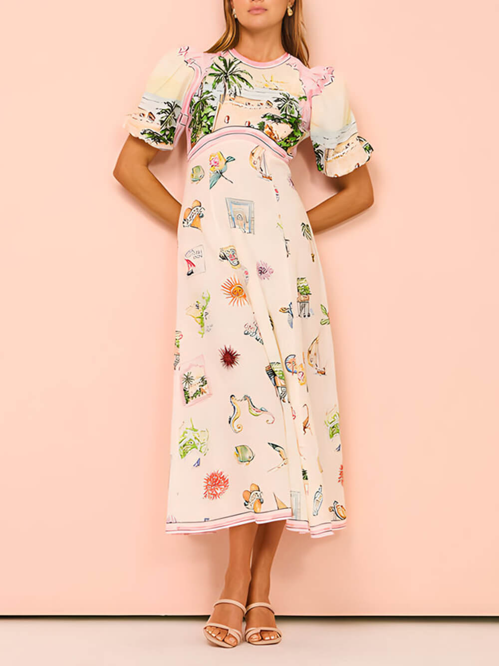 Midi-jurk met ronde hals en print in etnische stijl