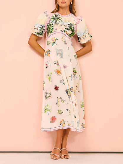 Midi-jurk met ronde hals en print in etnische stijl