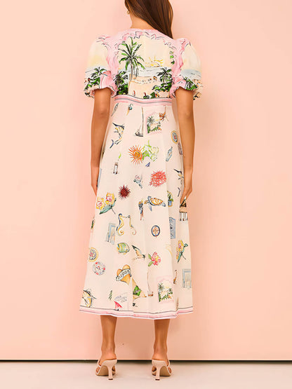 Midi-jurk met ronde hals en print in etnische stijl