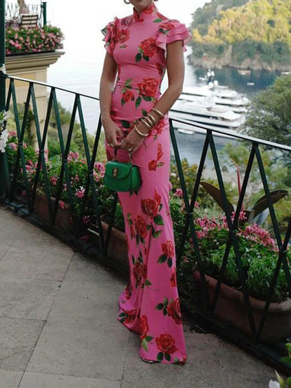 Cheongsam maxi-jurk met stretch en gelaagde bloemenprint met uitlopende mouwen en cheongsam