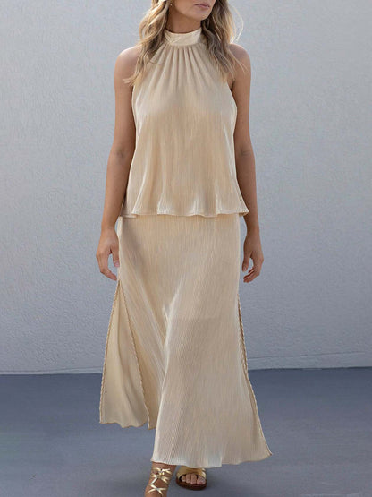 Elegant Pleated Slit Versatile Skirt