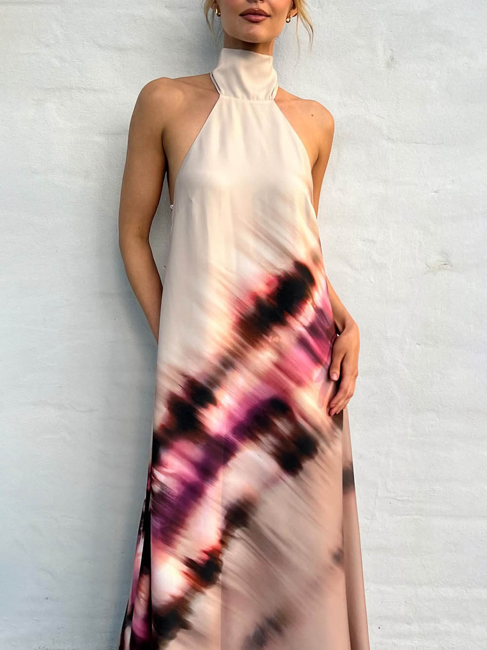 Unieke tie-dye bedrukte halternek maxi-jurk met veters en rug