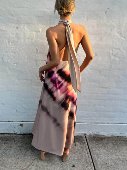 Unieke tie-dye bedrukte halternek maxi-jurk met veters en rug