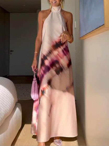 Unieke tie-dye bedrukte halternek maxi-jurk met veters en rug