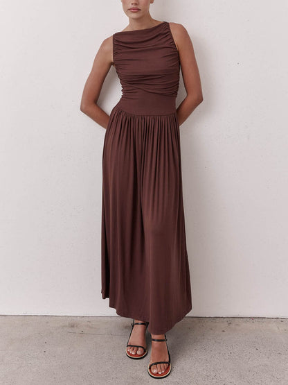 Elegante geplooide mouwloze maxi-jurk