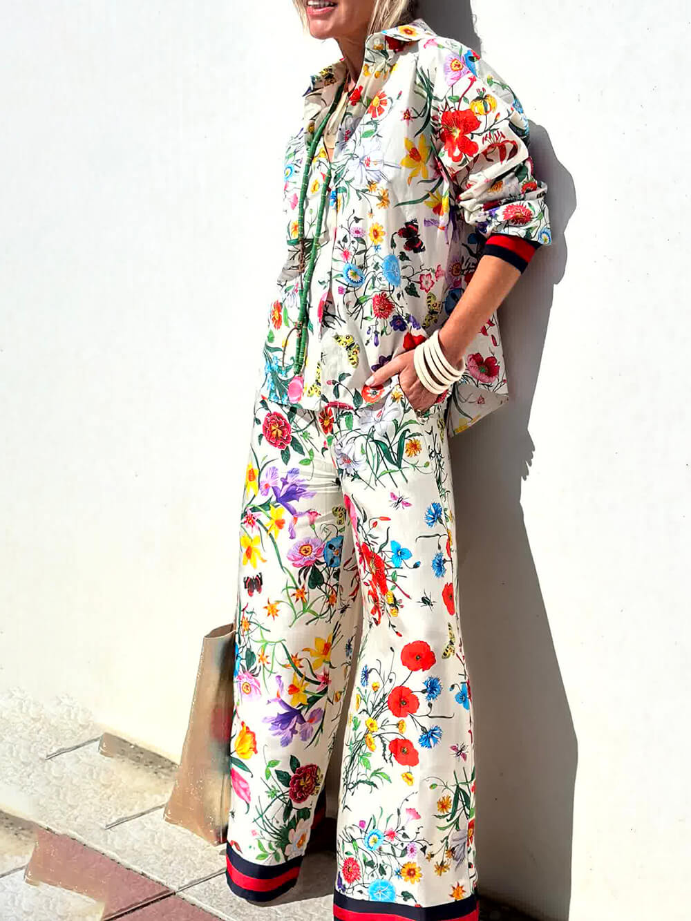 Bloemen unieke print elastische taille broek met wijde pijpen