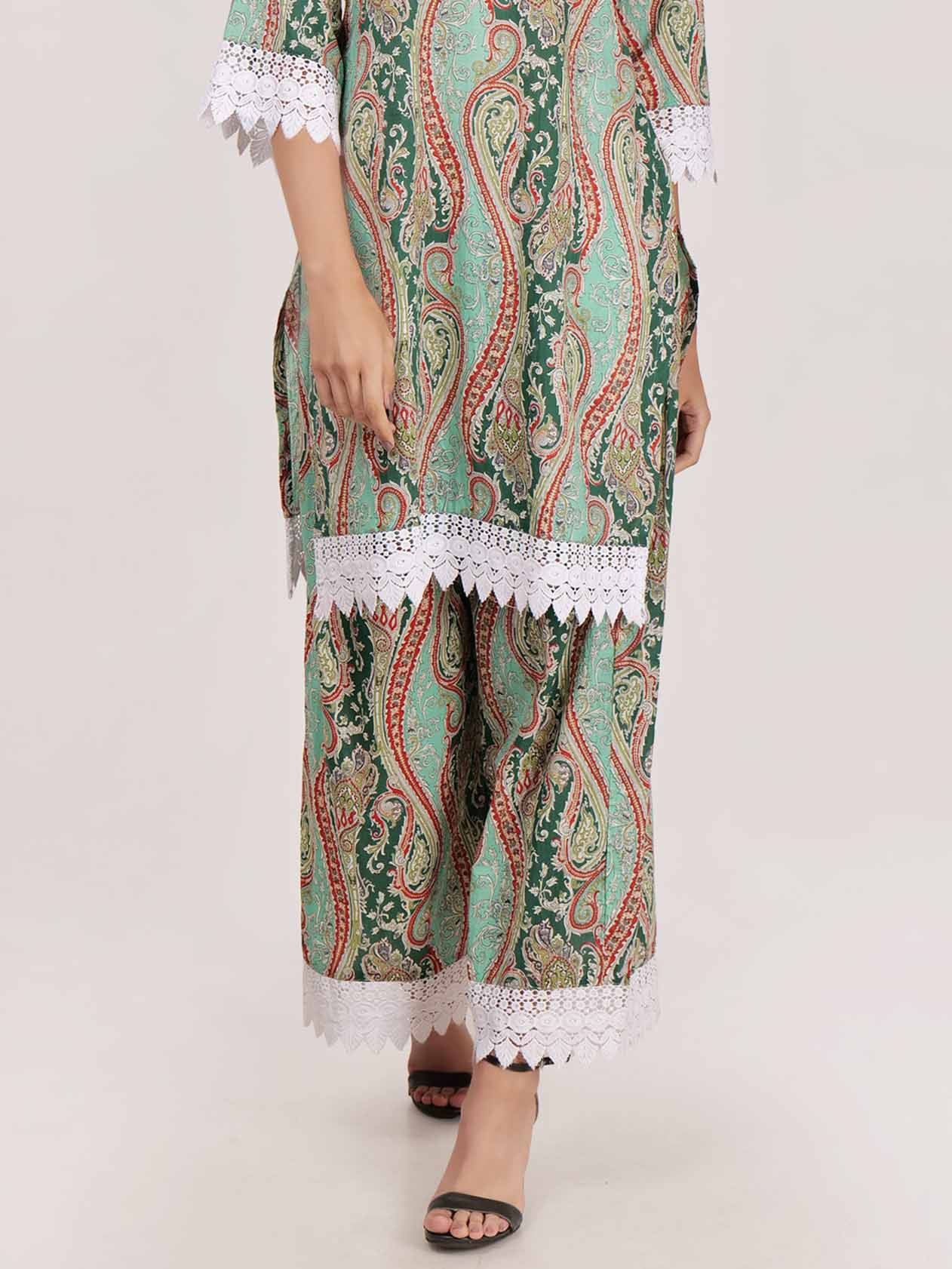 Elegant Paisley Print Lace-trimmed Long Shirt