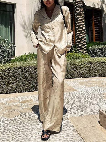 Geometric Letter Print Shirt Wide Leg Suit-Pants