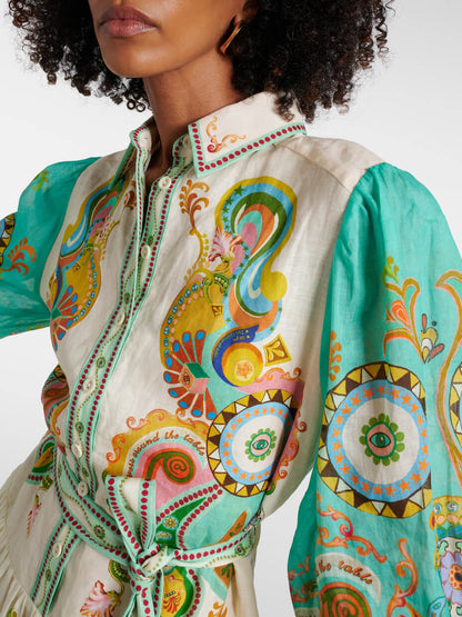 Unieke prachtige mode-print pofmouwen midi-jurk met stropdas