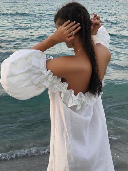 Off-shoulder midi-jurk met ruches, pofmouwen en zakken
