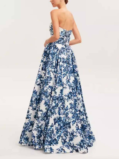 Elegante strapless string maxi-jurk met print