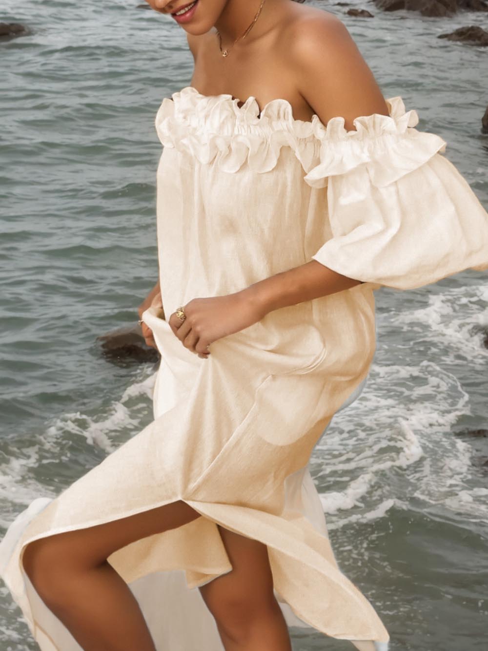 Off-shoulder midi-jurk met ruches, pofmouwen en zakken