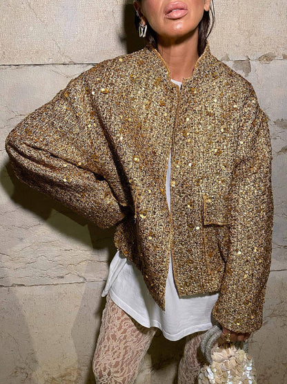 Retro Sequin Zip-Up Long Sleeve Jacket