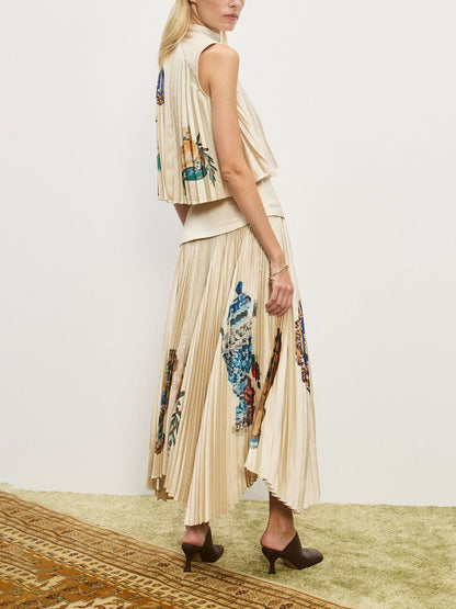 Retro Printed Ruched Patchwork Asymmetric Pleated Skirt