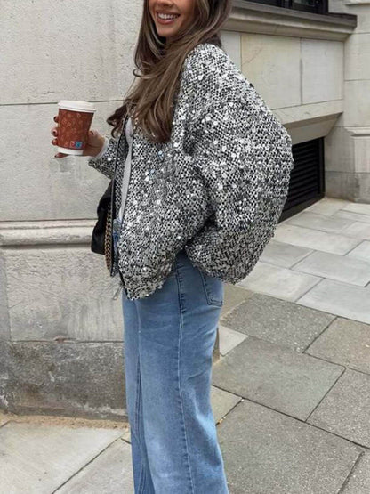 Retro Sequin Zip-Up Long Sleeve Jacket