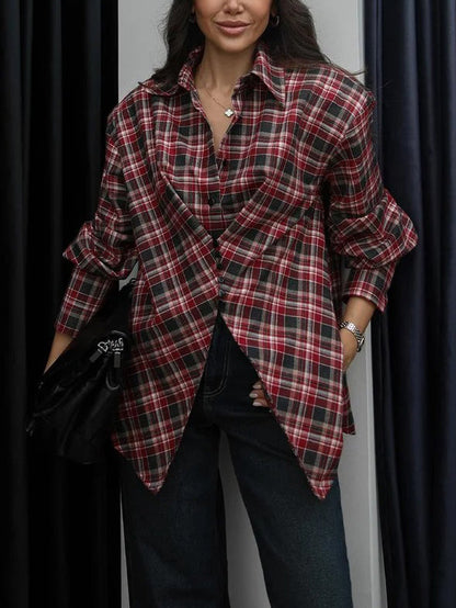Casual Plaid Asymmetrical Padded Shoulder Shirt