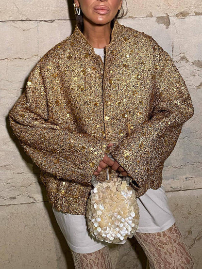 Retro Sequin Zip-Up Long Sleeve Jacket