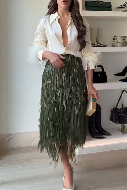 Exquisite Feather Trim Long Sleeve Button Up Loose Blouse