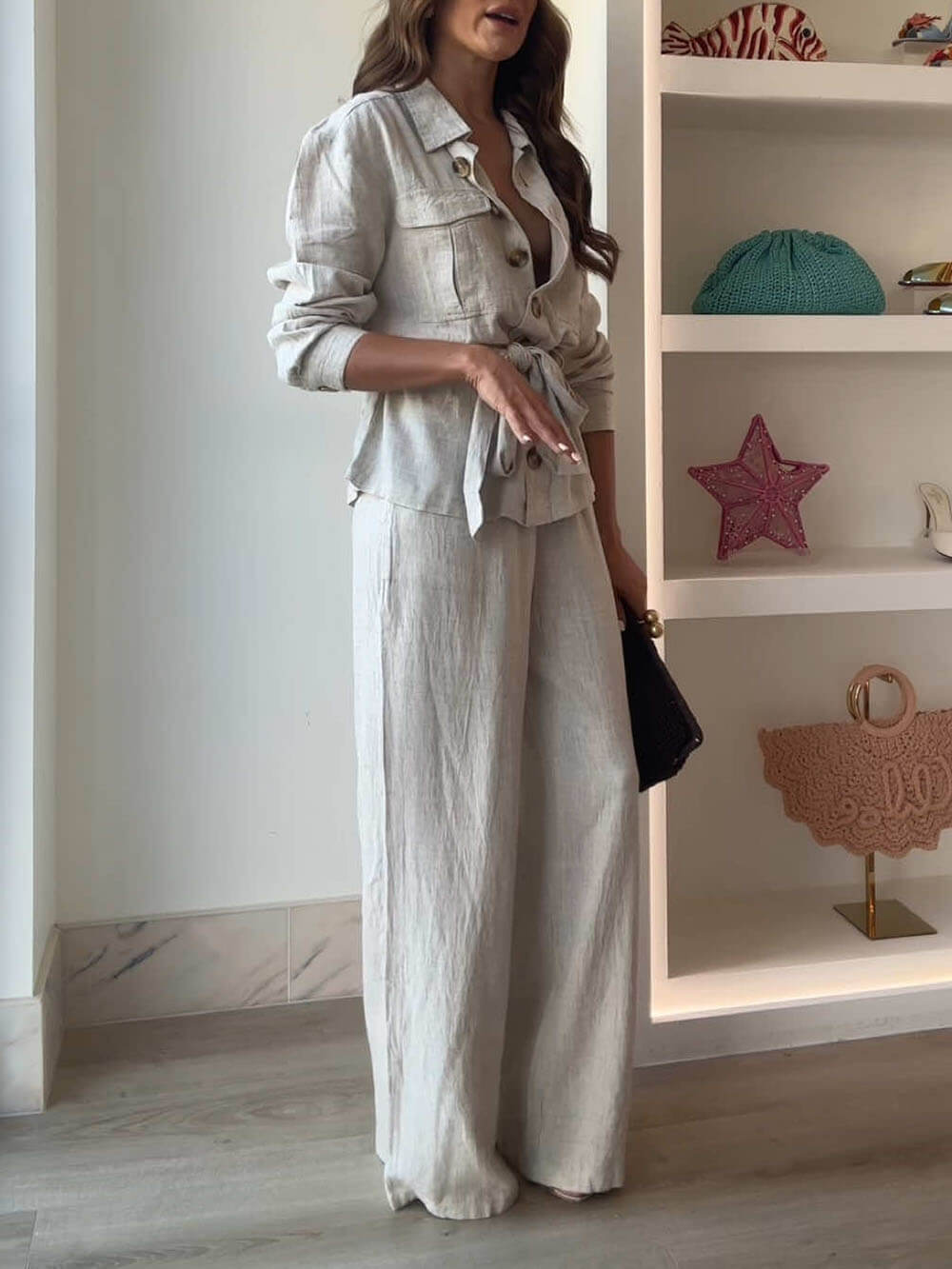 Classic Linen Tie Chest Pocket Oversized Button Shirt