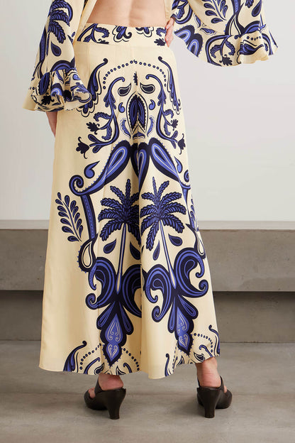 Exquisite Tie-Waisted Cutout Print Satin Loose-Fit Shirt