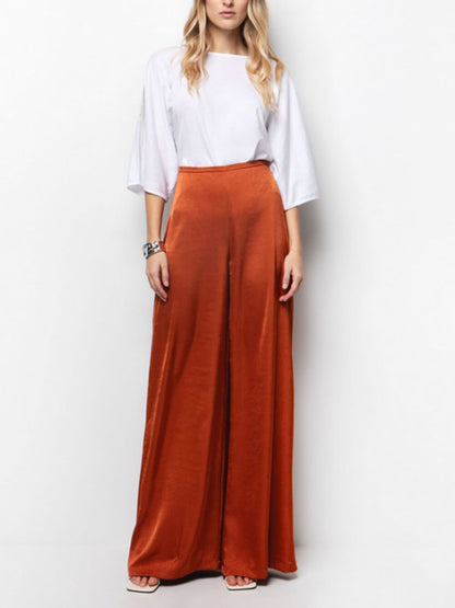 Elegant Pleated Satin High-Waisted Wide-Leg Pants