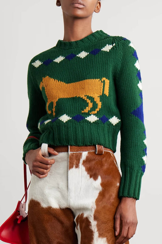 Retro Horse Diamond Pattern Crew Neck Sweater