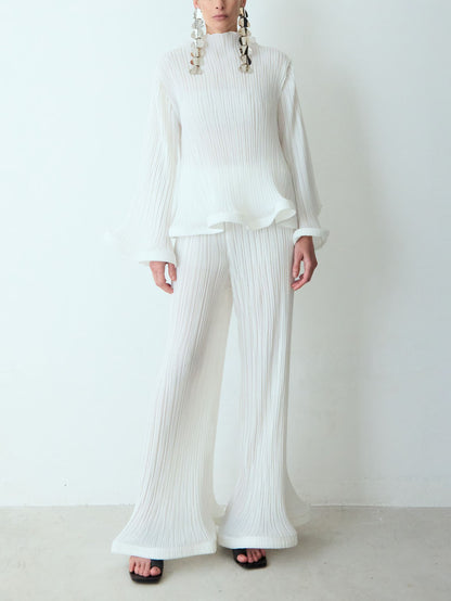Elegant Ruffled Pleated Wide-Leg Pants