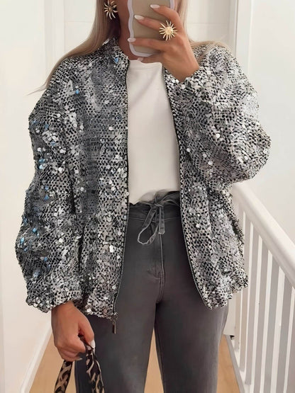 Retro Sequin Zip-Up Long Sleeve Jacket