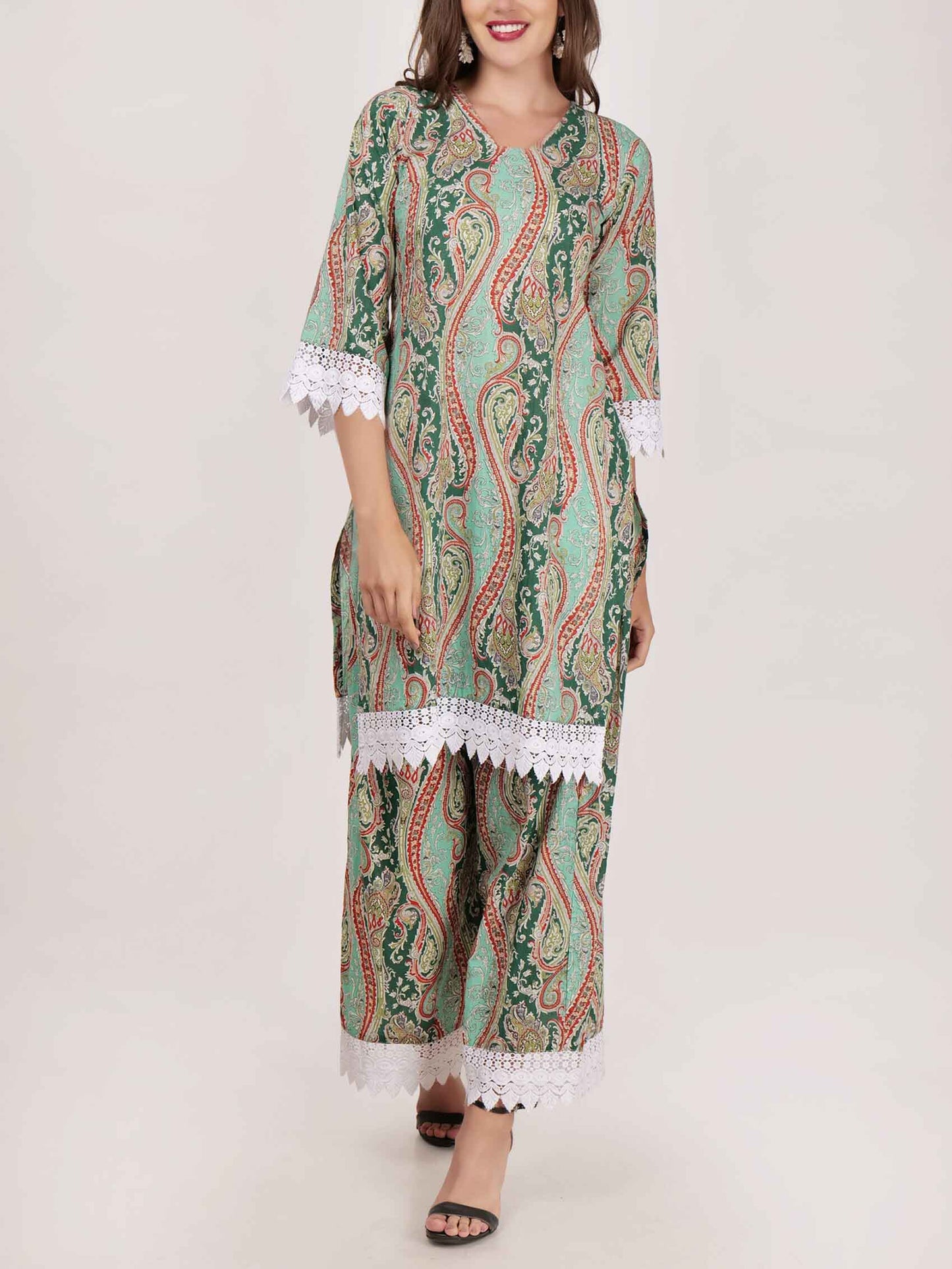 Elegant Paisley Print Lace-trimmed Wide-leg Pants