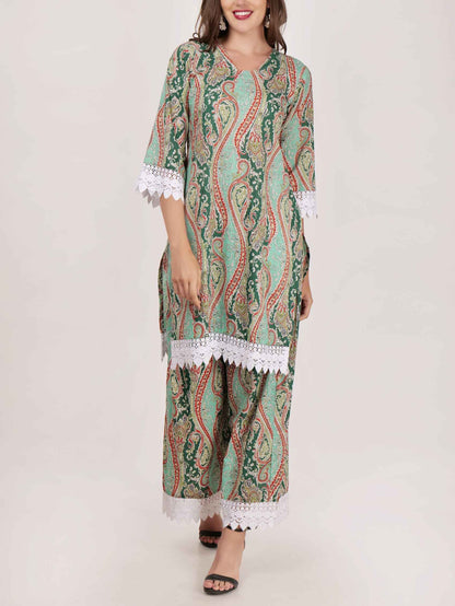 Elegant Paisley Print Lace-trimmed Wide-leg Pants