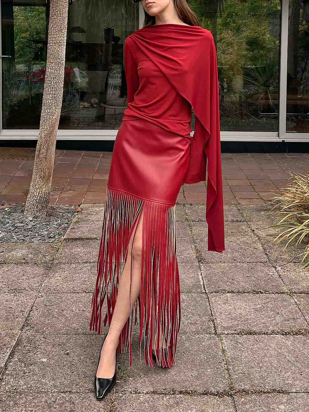 Exquisite High-Slit Fringe Leather Midi Skirt