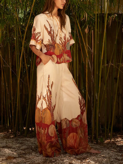 Exquisite Print High-Waisted Pocket Wide-Leg Pants