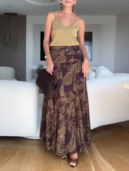 Exquisite Vintage Paisley Print Pleated Skirt