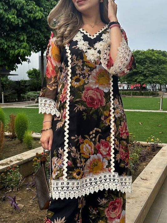 Elegant Floral Print Lace-Trim Long Shirt
