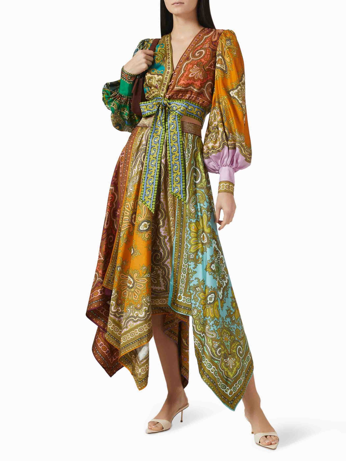 Exquisite Bohemian Paisley Print Satin Tie-Front Blouse