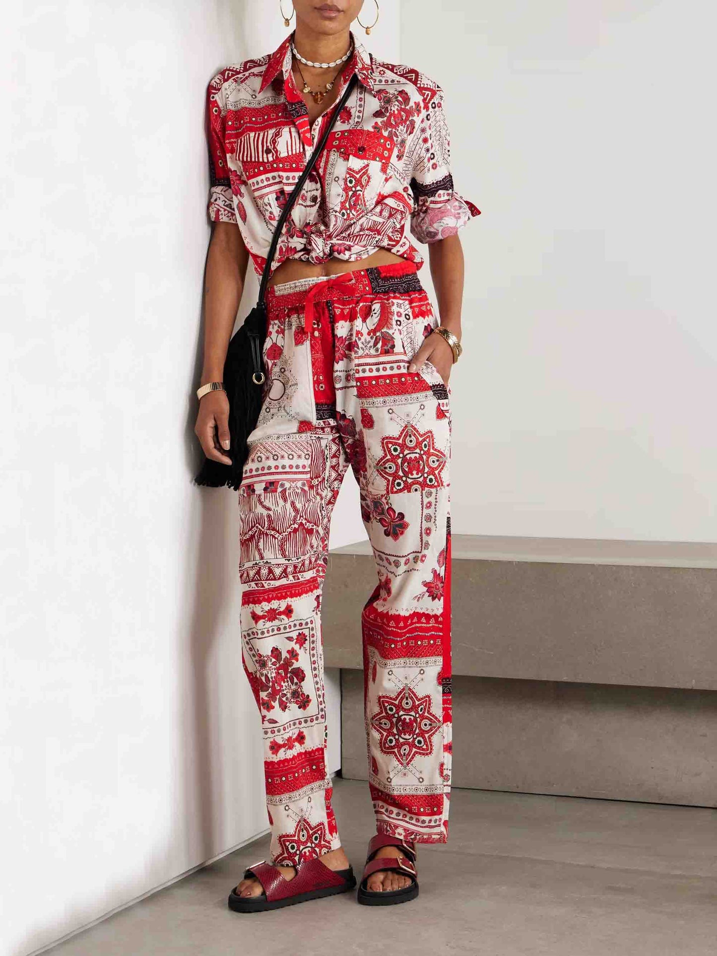 Casual Ethnic Floral Print Irregular Hem Shirt