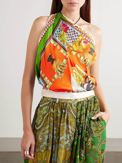 Casual Unique Floral Print Satin Elastic-Waist Lantern Pants