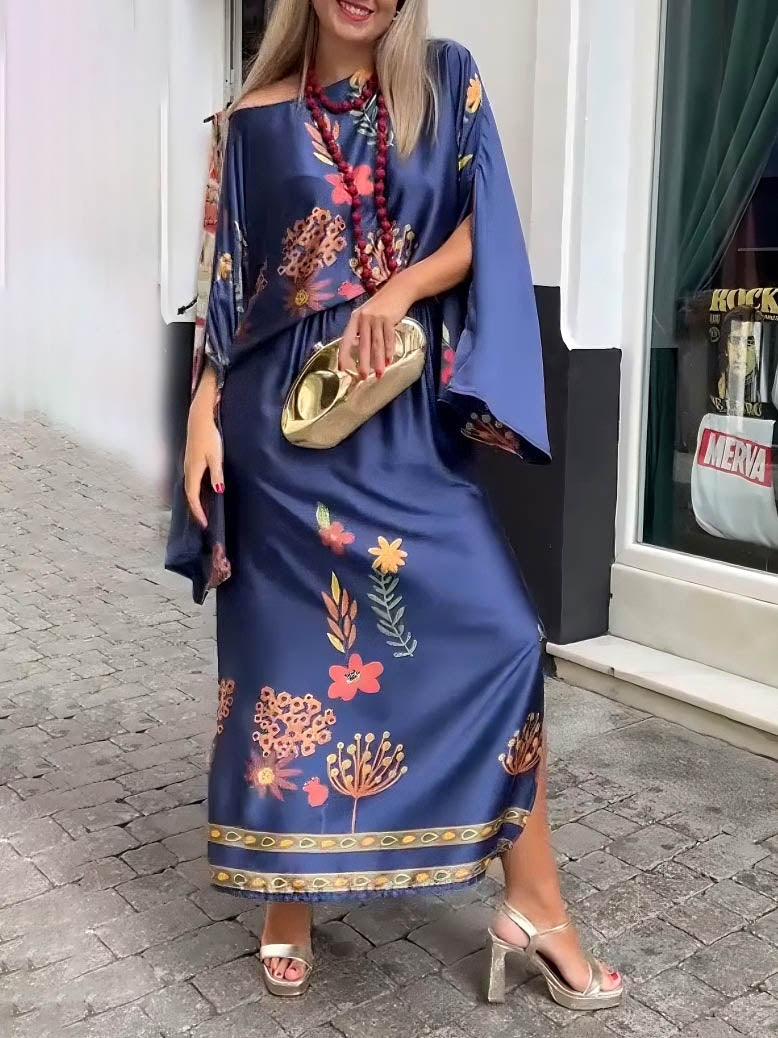 Exquisite Floral-Print Satin Slit Skirt