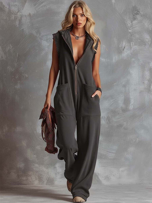 Retro Hooded V-Neck Zip-Front Jumpsuit