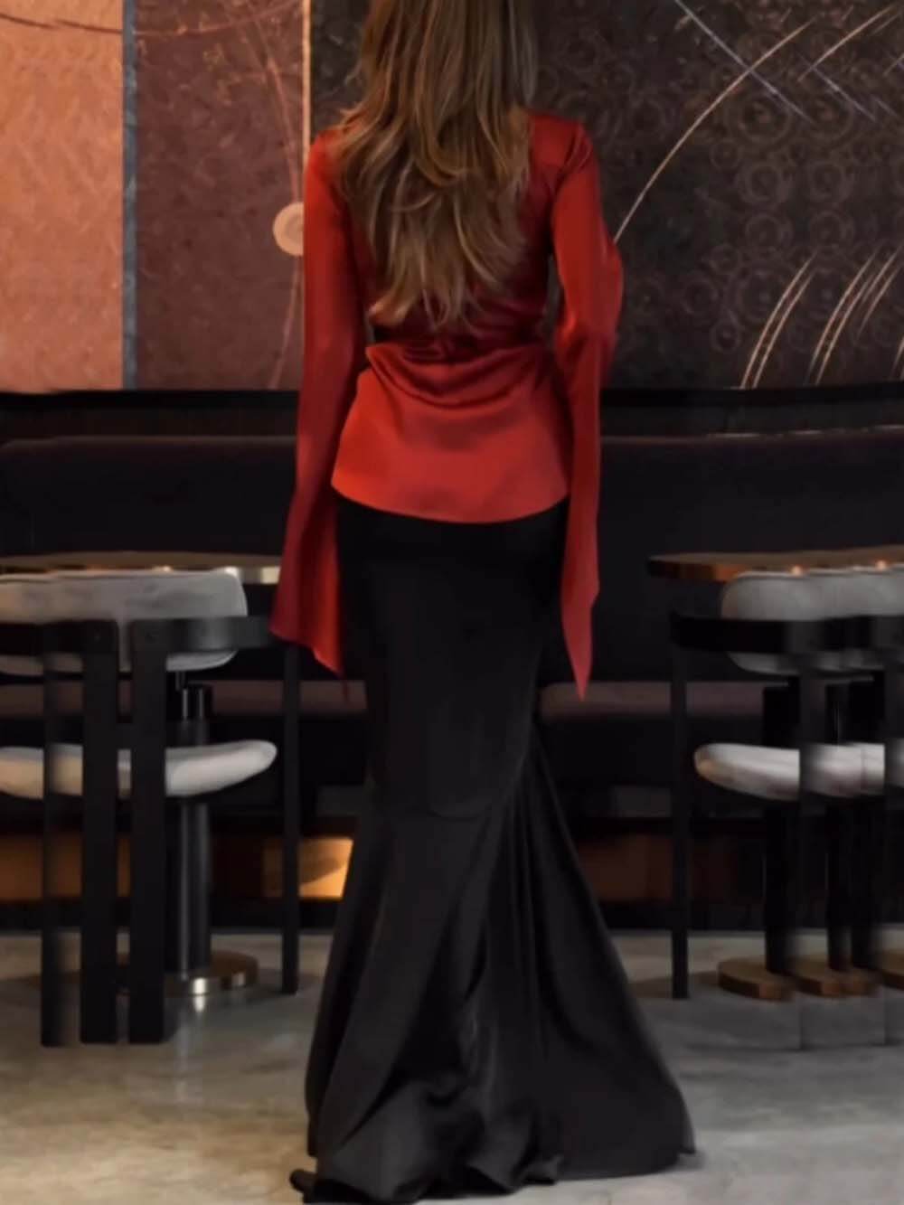 Fashion Satin High Rise Elastic Waist Flare Maxi Skirt